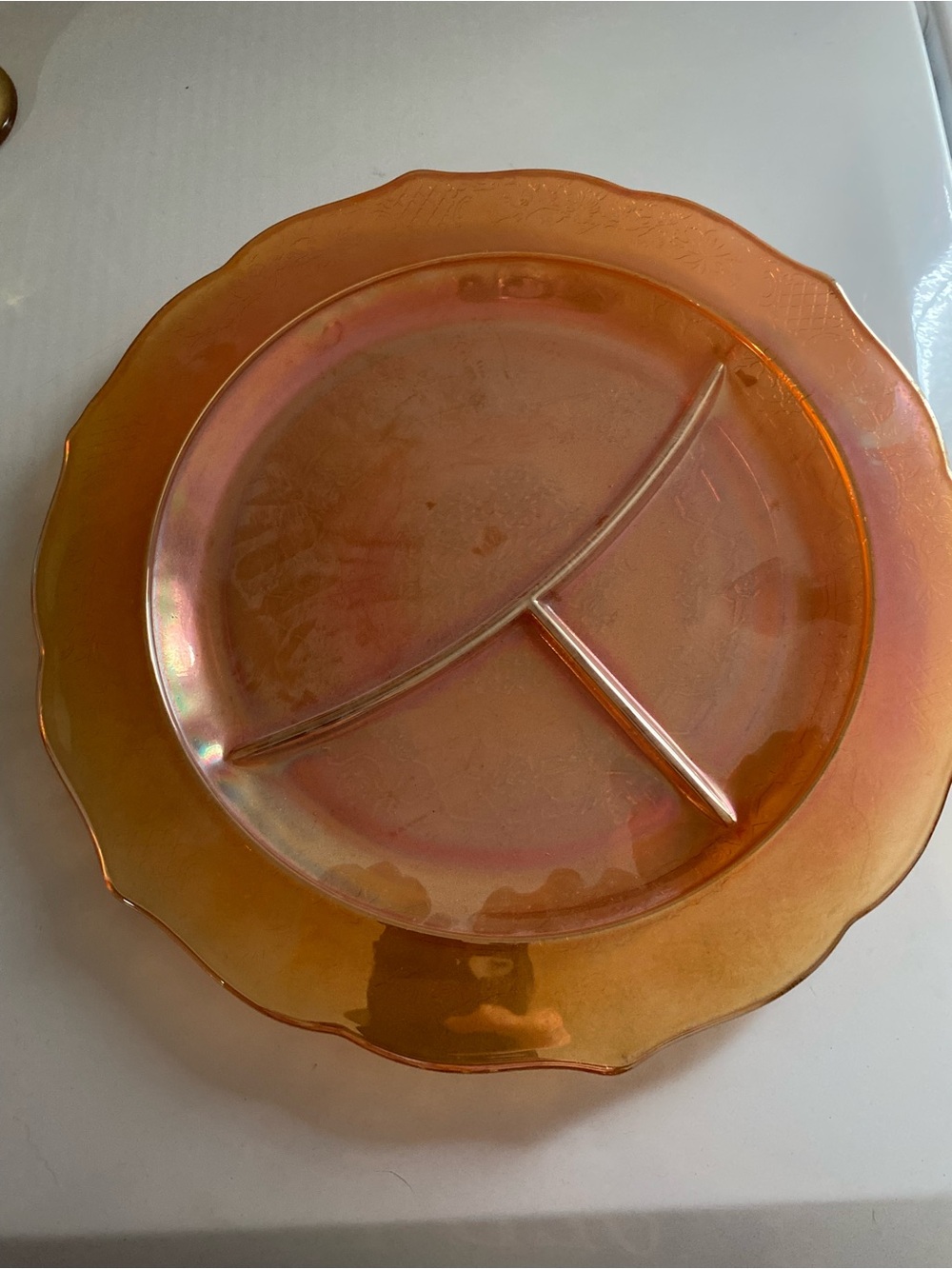Federal Glass Normandie Marigold Carnival Glass Divided Grill Plate